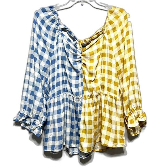 NWT Cato Blouse Balloon Sleeves Yellow & Blue Check Shirt Top Womens Size Large - Picture 2 of 10
